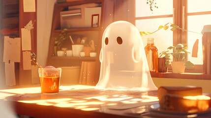 Halloween creature, a cute ghost sits at a table, in warm sunlight. The simple interior has a cartoon style with high resolution