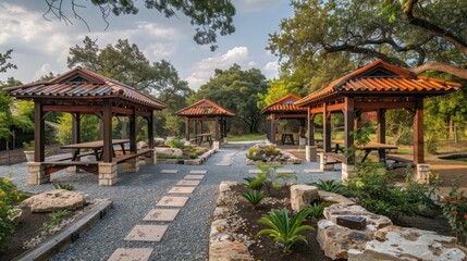 Fototapeta premium Elegant ranch with a series of garden pavilions for dining, reading, and relaxation, each uniquely themed