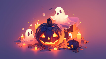 Halloween creature, 3D vector style cartoon characters of cute ghosts, bats and spider webs in different poses