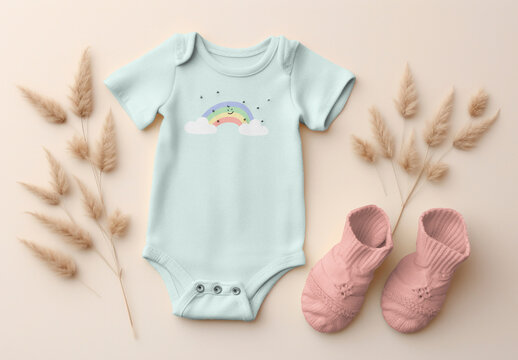 Apparel Flatlay Baby Romper And Socks Mockup With Generative AI