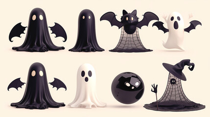 Halloween creature, 3D vector style cartoon characters of cute ghosts, bats and spider webs in different poses