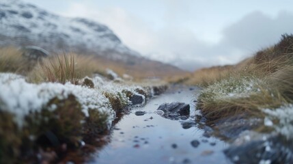 Obraz premium A serene scene of a small stream flowing through a snow-covered meadow, perfect for winter or nature-themed projects