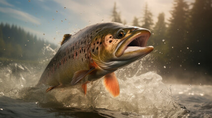 Red salmon or rainbow trout jumping out of the water with a splash. Fish above water catching bait.