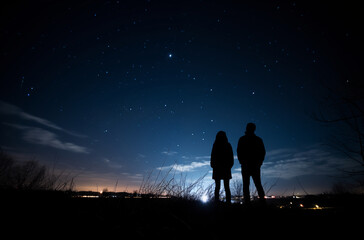 Fototapeta premium Silhouettes of a couple standing under a clear night sky full of stars, stargazing