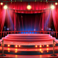Circus stage podium background 3D carnival light red show curtain. Generative Ai