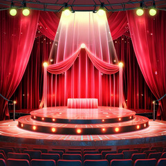 Circus stage podium background 3D carnival light red show curtain. Generative Ai