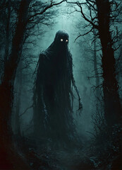 a creepy looking ghost in a dark forest