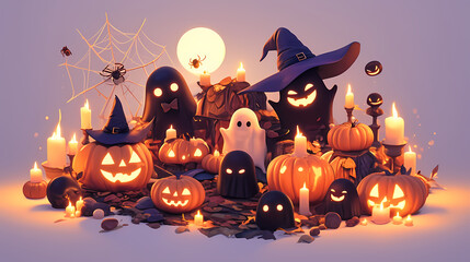 Halloween creature, 3D vector style cartoon characters of cute ghosts, bats and spider webs in different poses