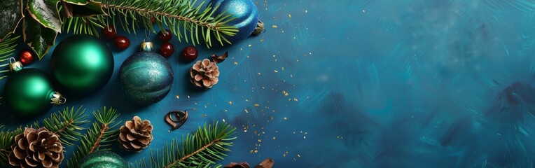 Festive Season: Pine Branches and Blue Ornaments
