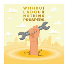 A hand holding a wrench. Without work, nothing succeeds. Labor Day concept. Flat vector illustration.