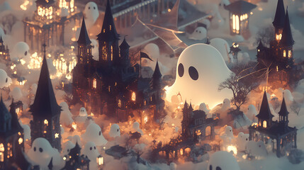 Halloween creature, 2D style cartoon characters of cute ghosts in town