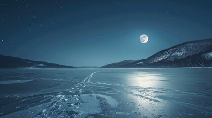 A serene scene of a full moon shining down on a frozen lake, perfect for use in winter-themed projects or as a symbol of clarity and guidance