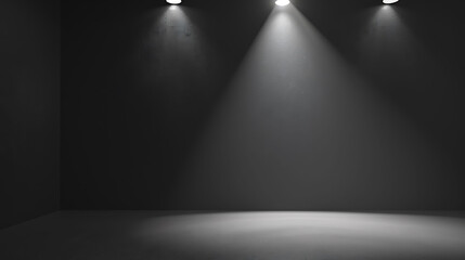 Dark and dramatic stage with three spotlights illuminating the center