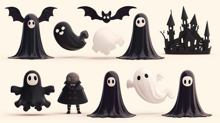 Halloween creature, 3D vector style cartoon characters of cute ghosts, bats and spider webs in different poses