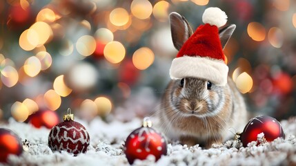 Obraz premium Christmas Bunny in Santa Hat with Festive Ornaments and Lights Background