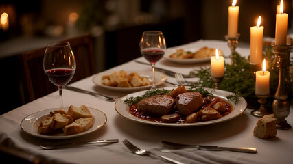 Serving at a Candlelit Dinner Film a candlelit dinner setting where Coq au Vin is served as the main course. Capture the ambiance of a cozy dining room, with diners enjoying the hearty dish accompanie