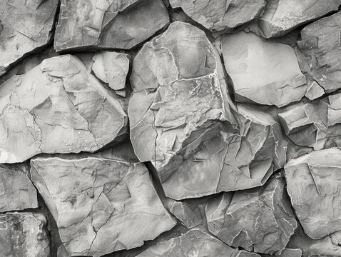 A grayscale image of a rugged rock wall