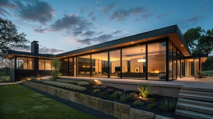 Obraz premium Modern ranch home with seamless glass walls and minimalist landscaping