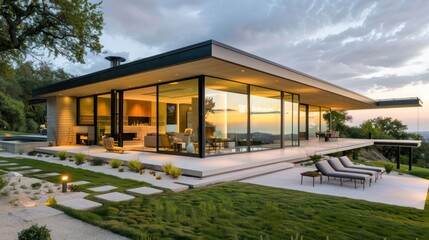 Fototapeta premium Modern ranch home with seamless glass walls and minimalist landscaping