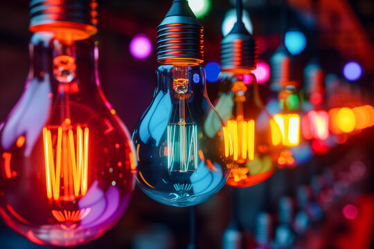 Different colored light bulbs hanging together representing diversity, equity, and inclusion