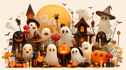 Halloween creature, 3D vector style cartoon characters of cute ghosts, bats and spider webs in different poses