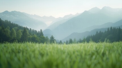 Majestic mountain landscape with lush green meadow and pine forest in early morning mist