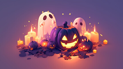 Halloween creature, 3D vector style cartoon characters of cute ghosts, bats and spider webs in different poses