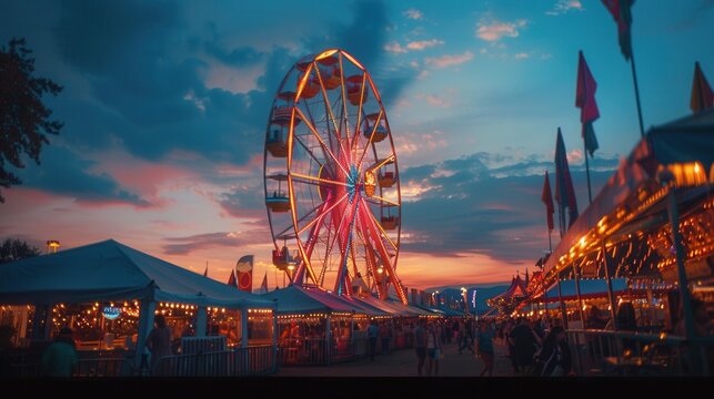 Colorful ferris wheel at sunset in festive carnival atmosphere