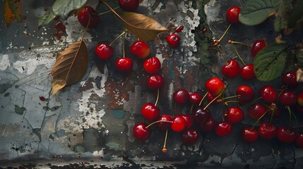 Fresh Cherries on Rustic Metal Surface with Autumn Leaves