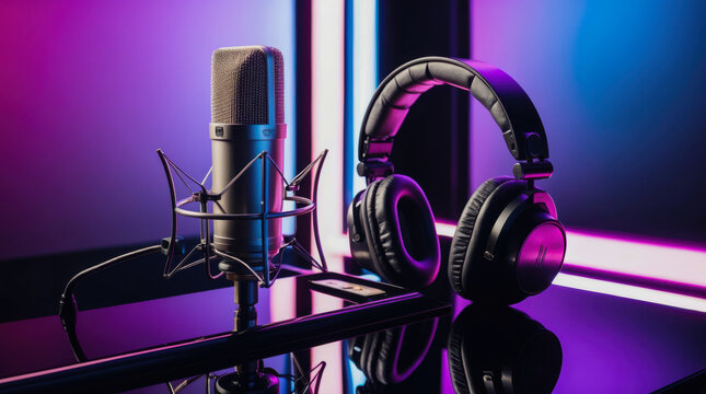 A studio microphone with a pop filter and headphones sit on a black table under neon blue and purple lights