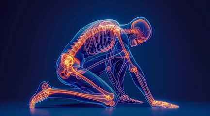 3D illustration of a human body in a kneeling position with highlighted bones and joints