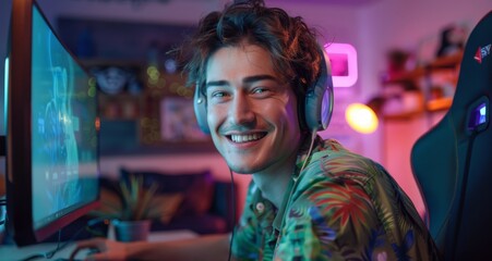 Obraz premium Young man gamer with headset smiling joyfully while playing video games in colorful room