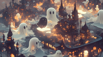 Halloween creature, 2D style cartoon characters of cute ghosts in town