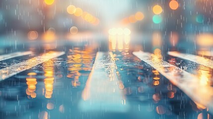 Blurred urban night light reflections on a rainy crosswalk