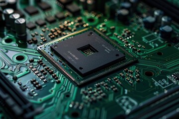 Fototapeta premium GPU (Graphics Processing Unit) chip with intricate circuitry on a motherboard. Generative Ai