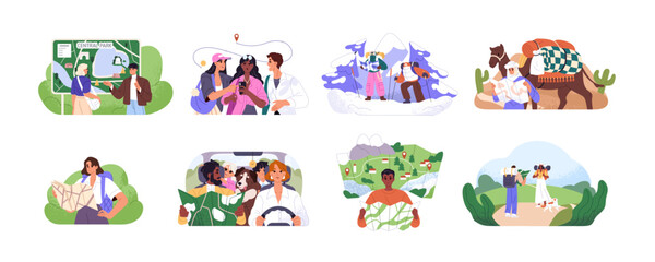 People hold, looking at map set. Tourists navigate, search their location and look for route. Geolocation, destination of way in car journey. Flat isolated vector illustrations on white background