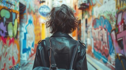 Naklejka premium Young woman in leather jacket walking through vibrant graffiti alley