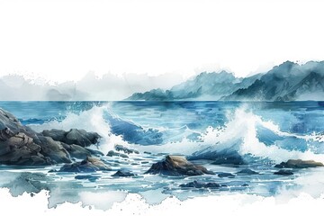 Fototapeta premium Watercolor painting of a serene seascape with crashing waves, rocky shore, and distant mountains.