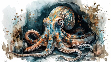Obraz premium A watercolor scene of a curious octopus peeking out from its underwater cave