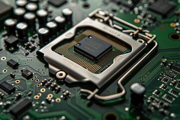 Fototapeta premium GPU (Graphics Processing Unit) chip with intricate circuitry on a motherboard. Generative Ai