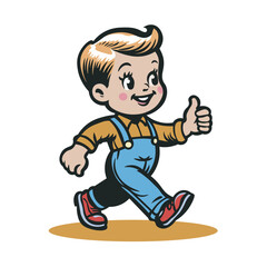 Vintage cartoon mascot, walking, 1940s 1950s retro ads character,  boy in the jumpsuit. vector illustration, isolated on white