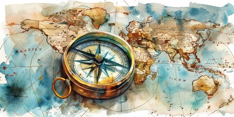 A watercolor illustration of an antique brass compass on a map of the oceans, handdrawn on a white background, in vintage earth tones suitable for a nursery theme, PNG dicut