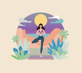 the girl does yoga, asana practice, meditation in nature, body and soul healing, harmony