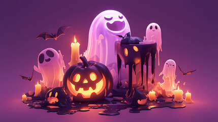 Halloween creature, 3D vector style cartoon characters of cute ghosts, bats and spider webs in different poses