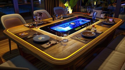 A dining space with a table that has a built-in game console for interactive dining entertainment