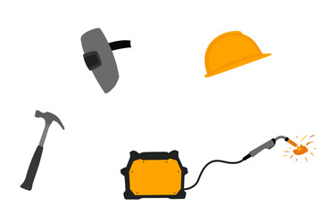 A selection of tools including a hammer, a hard hat, welding machine and a protective shield