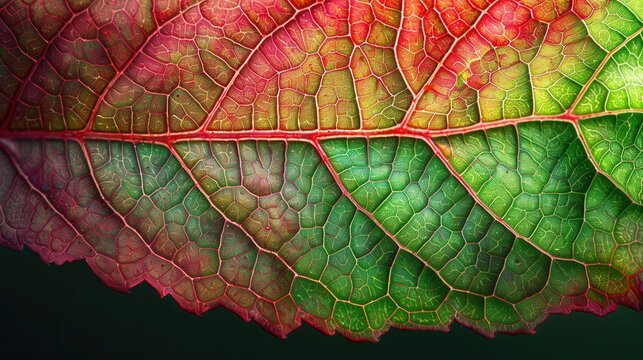 Multicolored leaf closeup showing vein structure and vibrant autumn transition