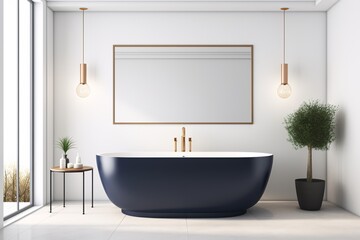 Modern bathroom interior with blue and white tones wall, concrete floor, wooden vanity with black sink and oval mirror, white bathtub, panoramic windows