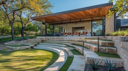 Modern ranch with an outdoor amphitheater built into the natural slope of the backyard, perfect for small concerts