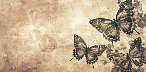 Vintage Butterflies on Old Paper Background
